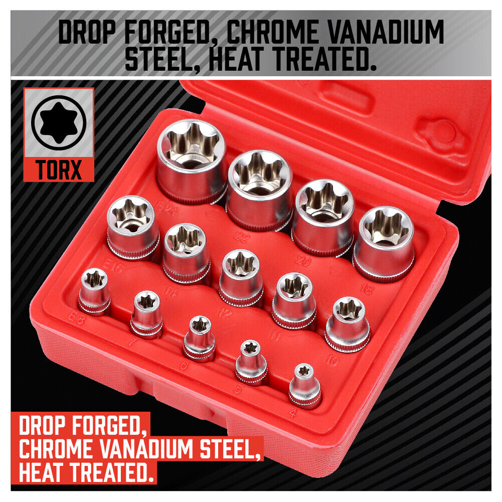 E-Torx Socket Set | 14-Piece | Female Star External Hex Torque E4-E24 | Storage Case