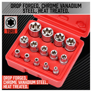 E-Torx Socket Set | 14-Piece | Female Star External Hex Torque E4-E24 | Storage Case