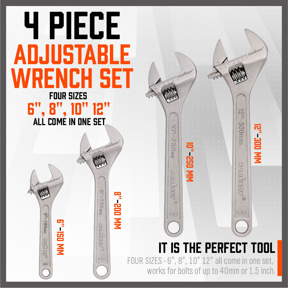 4Pc Adjustable Wrench Set | Heavy Duty Shifter Spanner | Wide Open Jaw | 6"/8"/10"/12"