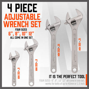 4Pc Adjustable Wrench Set | Heavy Duty Shifter Spanner | Wide Open Jaw | 6"/8"/10"/12"