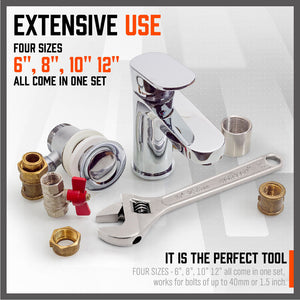 4Pc Adjustable Wrench Set | Heavy Duty Shifter Spanner | Wide Open Jaw | 6"/8"/10"/12"