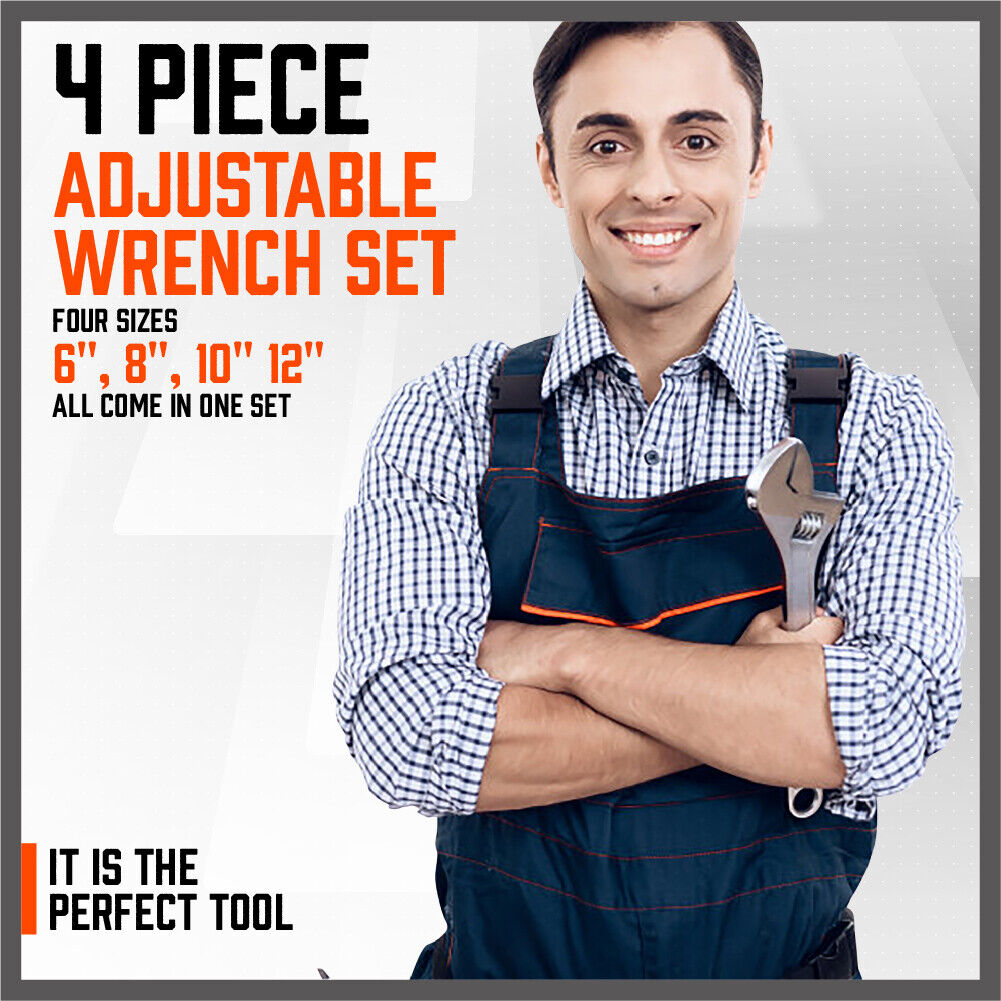 4Pc Adjustable Wrench Set | Heavy Duty Shifter Spanner | Wide Open Jaw | 6"/8"/10"/12"