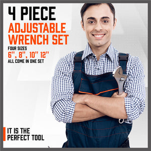 4Pc Adjustable Wrench Set | Heavy Duty Shifter Spanner | Wide Open Jaw | 6"/8"/10"/12"