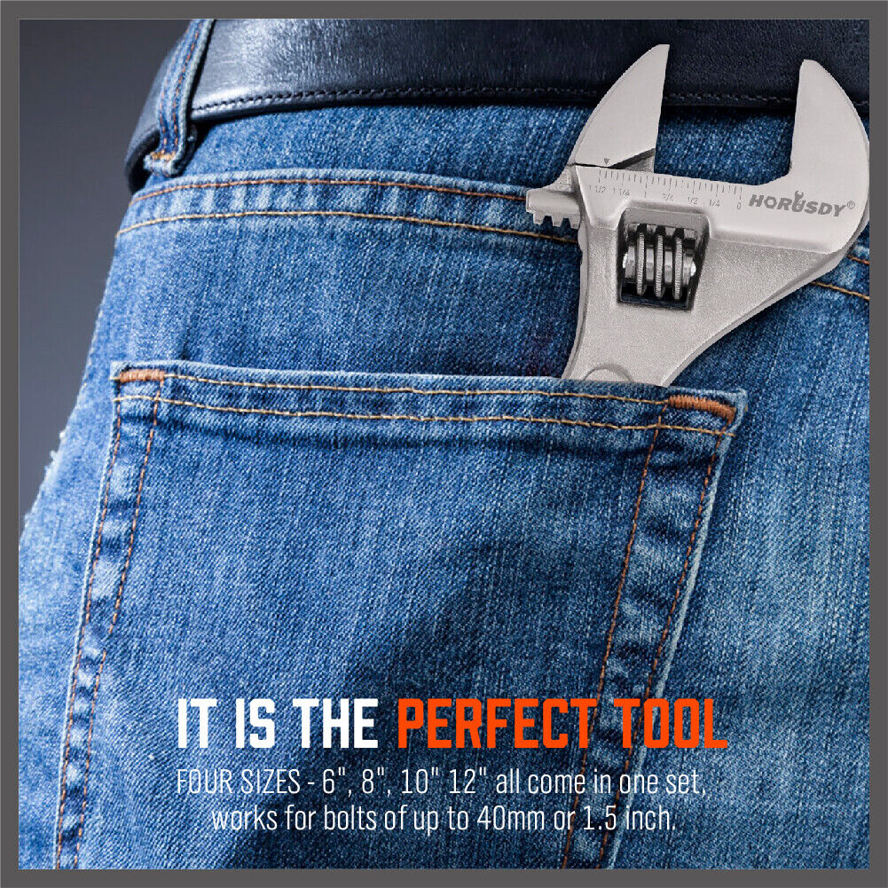 4Pc Adjustable Wrench Set | Heavy Duty Shifter Spanner | Wide Open Jaw | 6"/8"/10"/12"