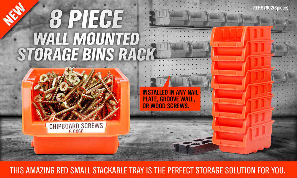 Wall Mounted Storage Bins Rack Set | 8-Piece | Nuts & Bolts Organizer | Parts Storage