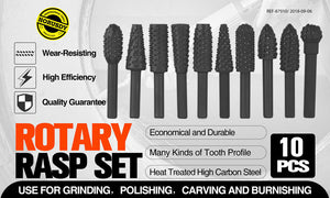 Rotary Bits Set | 10-Piece | Router Drill Bit Burr | Wood Rasp File for Timber Drilling