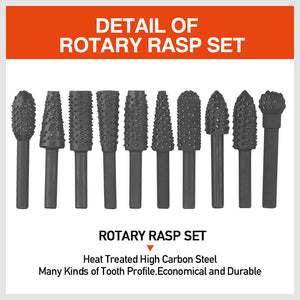 Rotary Bits Set | 10-Piece | Router Drill Bit Burr | Wood Rasp File for Timber Drilling