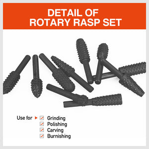 Rotary Bits Set | 10-Piece | Router Drill Bit Burr | Wood Rasp File for Timber Drilling