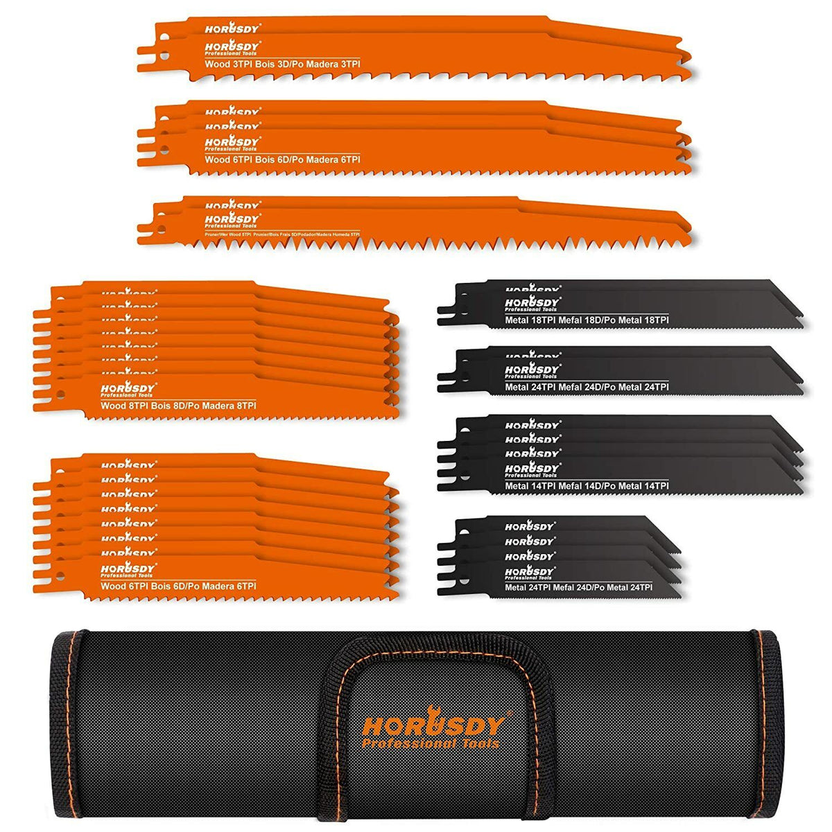 Reciprocating Saw Blade Set | 34-Piece | Wood & Metal Cutting Blades | Storage Pouch Included