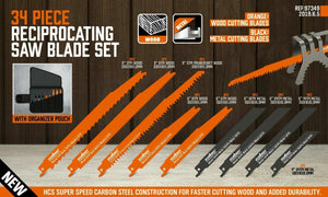 Reciprocating Saw Blade Set | 34-Piece | Wood & Metal Cutting Blades | Storage Pouch Included