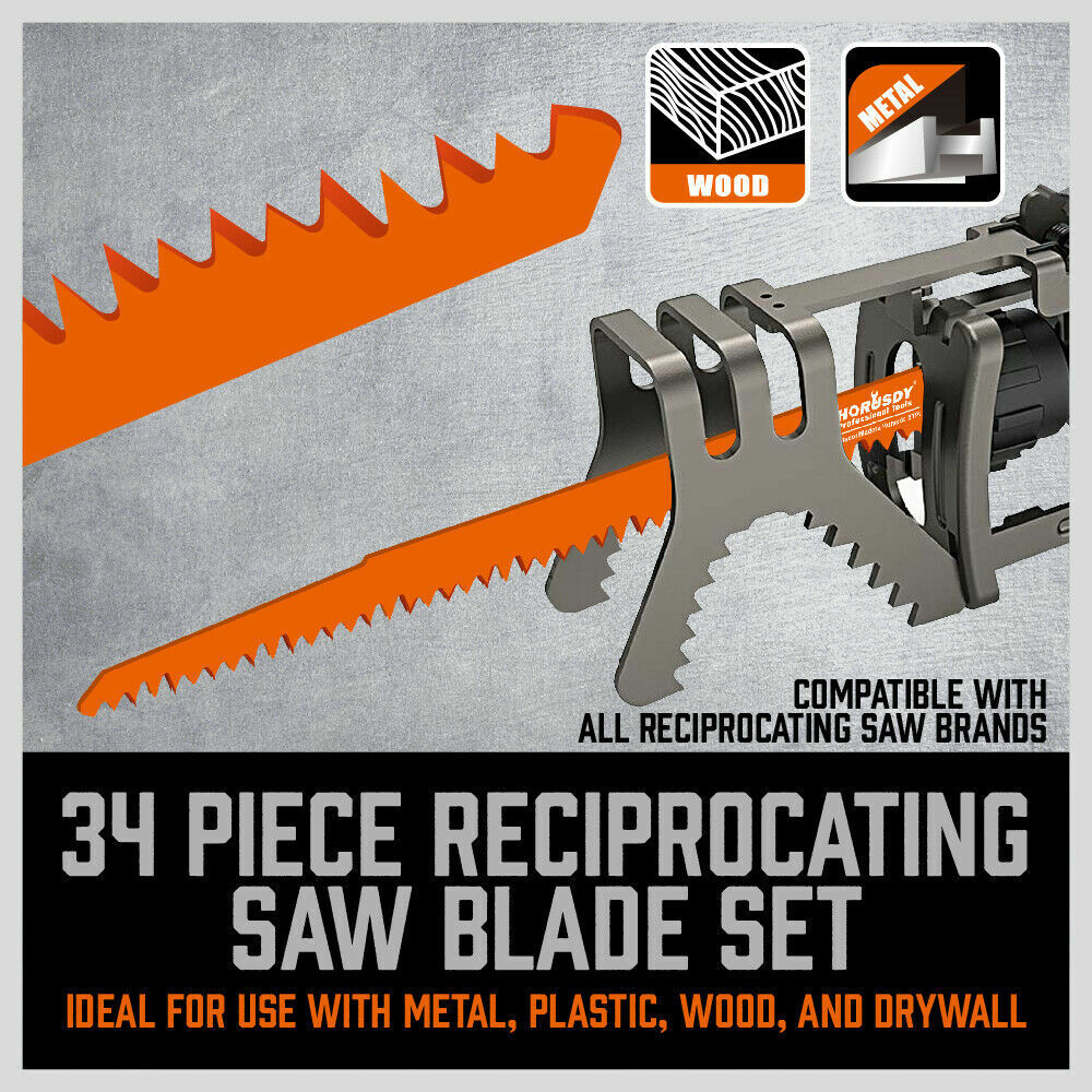 Reciprocating Saw Blade Set | 34-Piece | Wood & Metal Cutting Blades | Storage Pouch Included