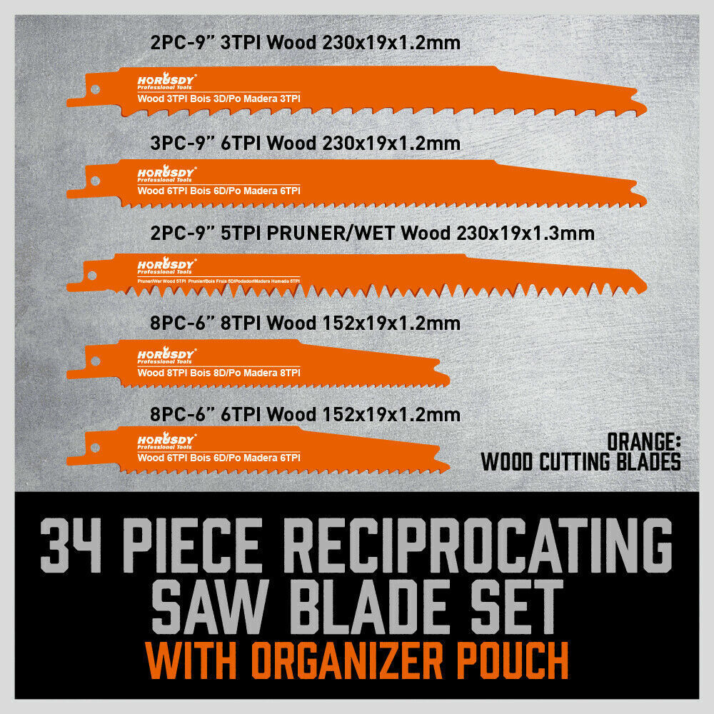 Reciprocating Saw Blade Set | 34-Piece | Wood & Metal Cutting Blades | Storage Pouch Included