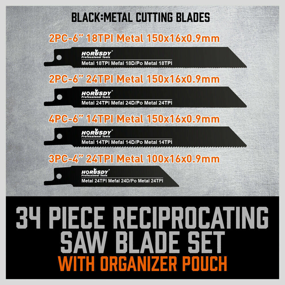 Reciprocating Saw Blade Set | 34-Piece | Wood & Metal Cutting Blades | Storage Pouch Included