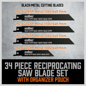 Reciprocating Saw Blade Set | 34-Piece | Wood & Metal Cutting Blades | Storage Pouch Included