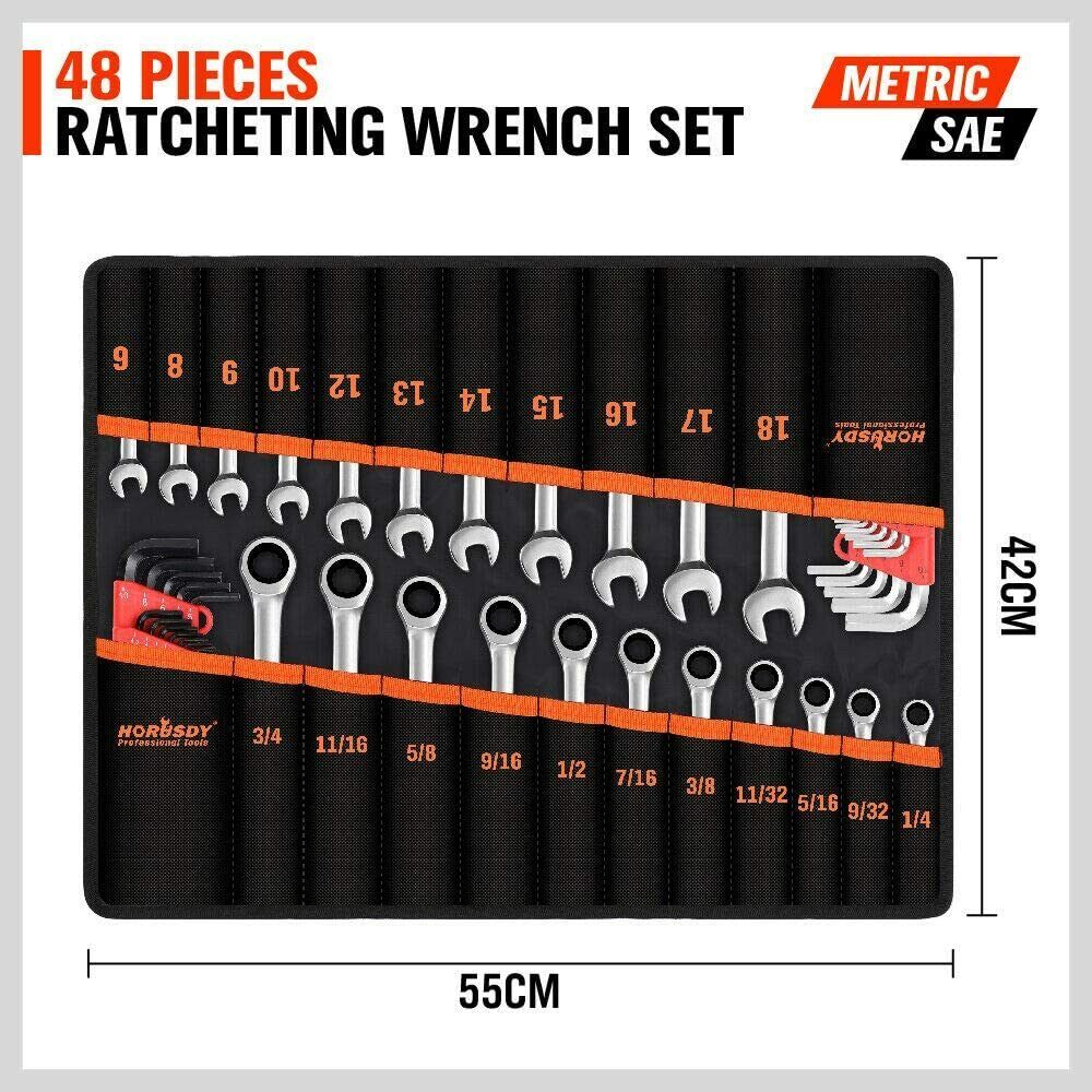 48Pc Spanner Set | Ratchet Wrench & Hex Key | Metric SAE Allen Key | W/T Rolling Pouch