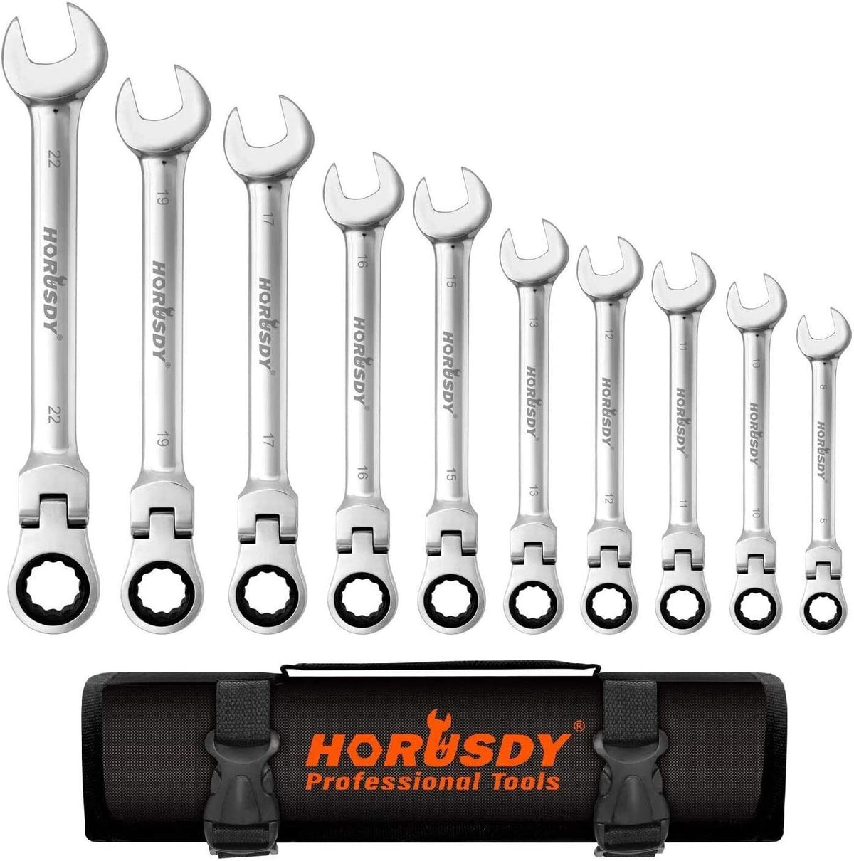 Flexible Head Ratchet Spanner Set | 10-Piece | Metric Wrench CRV | Carry Pouch | 8-22MM