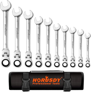 Flexible Head Ratchet Spanner Set | 10-Piece | Metric Wrench CRV | Carry Pouch | 8-22MM