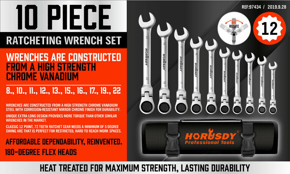 Flexible Head Ratchet Spanner Set | 10-Piece | Metric Wrench CRV | Carry Pouch | 8-22MM