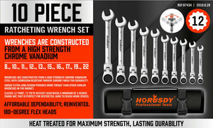 Flexible Head Ratchet Spanner Set | 10-Piece | Metric Wrench CRV | Carry Pouch | 8-22MM