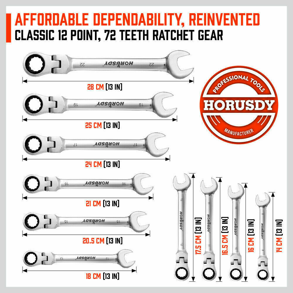 Flexible Head Ratchet Spanner Set | 10-Piece | Metric Wrench CRV | Carry Pouch | 8-22MM