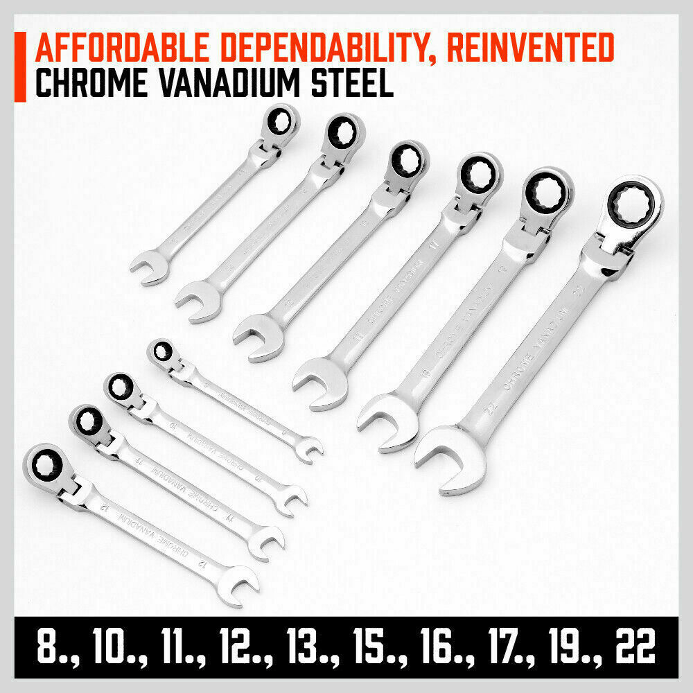 Flexible Head Ratchet Spanner Set | 10-Piece | Metric Wrench CRV | Carry Pouch | 8-22MM
