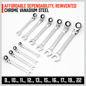 Flexible Head Ratchet Spanner Set | 10-Piece | Metric Wrench CRV | Carry Pouch | 8-22MM