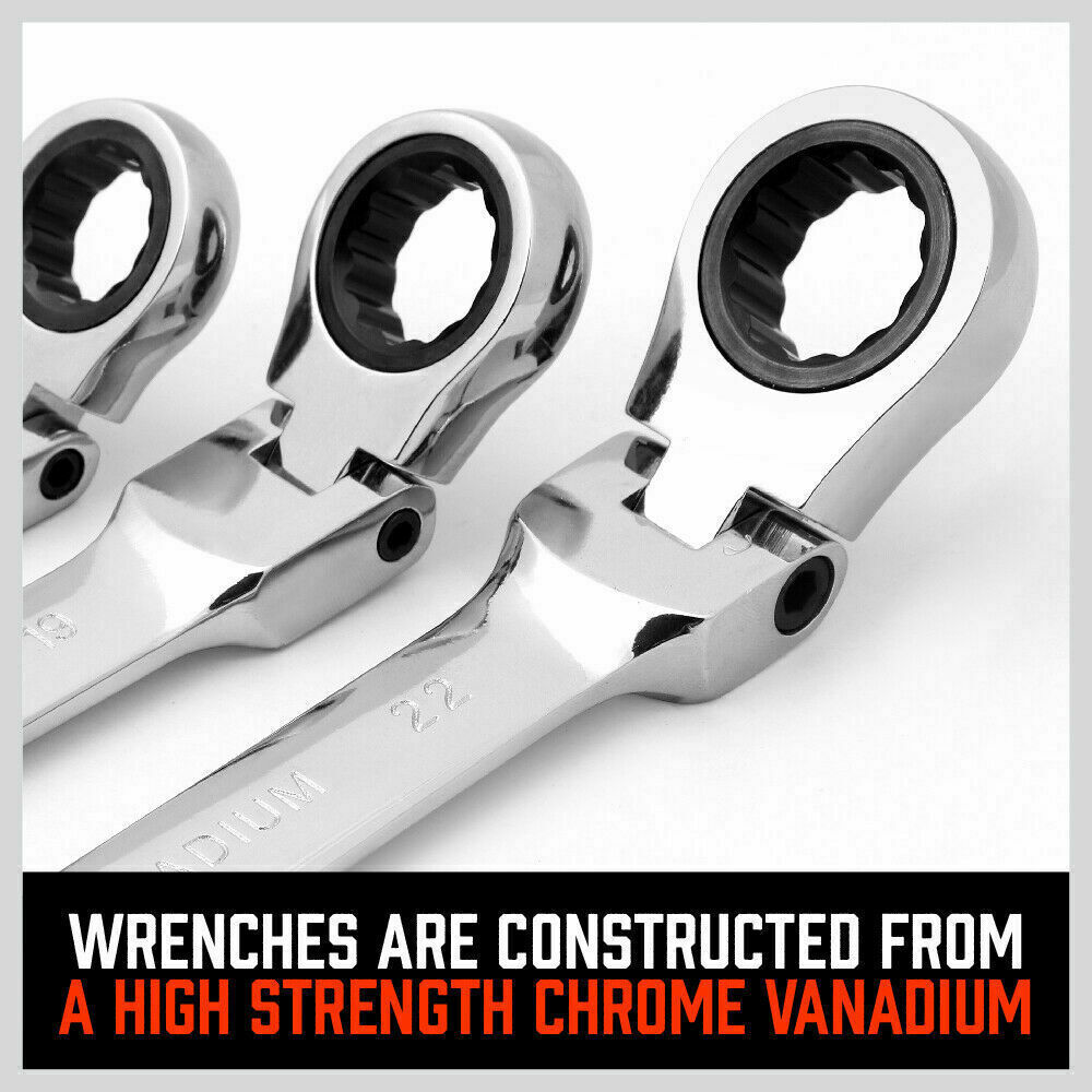 Flexible Head Ratchet Spanner Set | 10-Piece | Metric Wrench CRV | Carry Pouch | 8-22MM