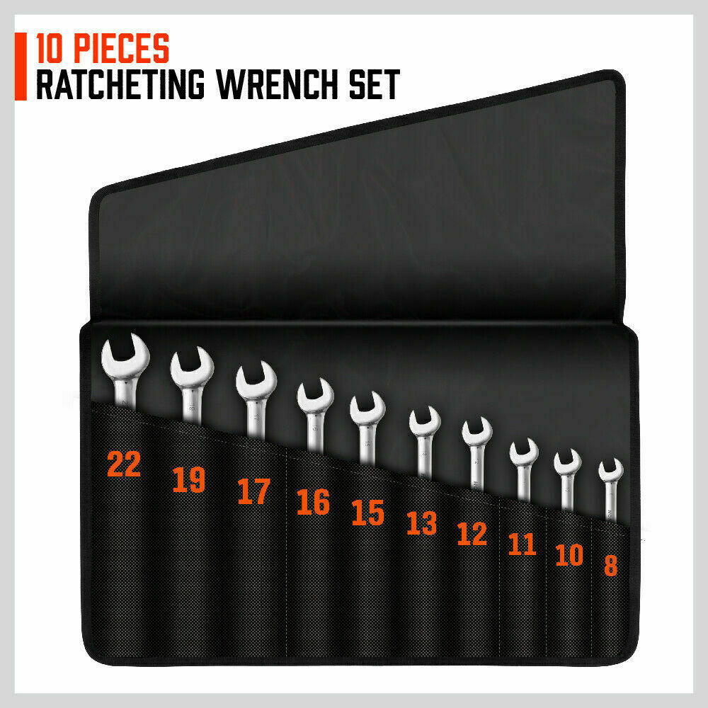 Flexible Head Ratchet Spanner Set | 10-Piece | Metric Wrench CRV | Carry Pouch | 8-22MM