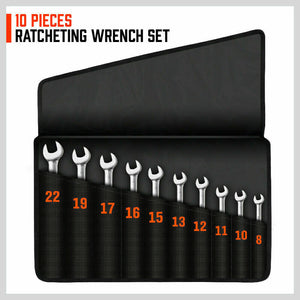 Flexible Head Ratchet Spanner Set | 10-Piece | Metric Wrench CRV | Carry Pouch | 8-22MM