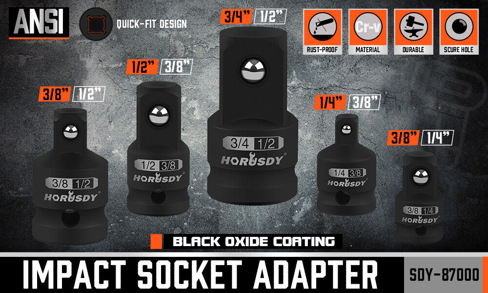 HORUSDY Impact Socket Adapter Set | 5-Piece | 1/4", 3/8", 1/2" Drive Socket Reducer
