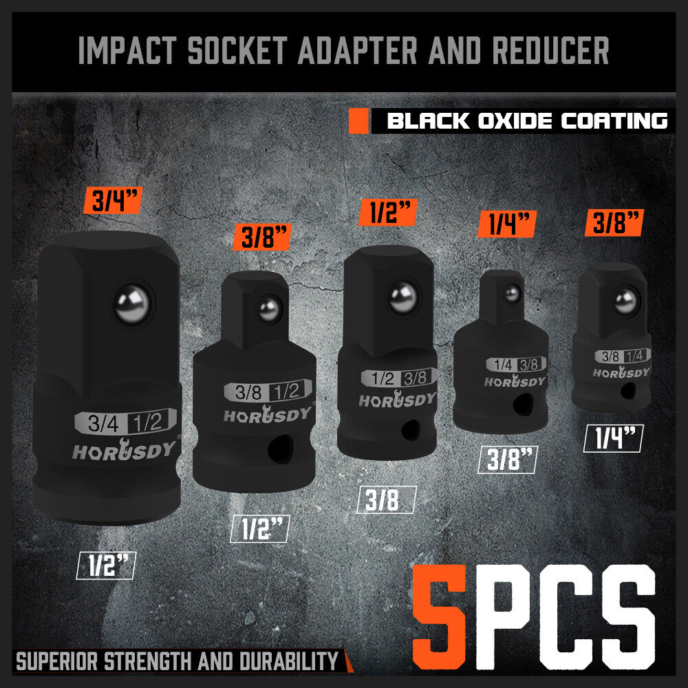 HORUSDY Impact Socket Adapter Set | 5-Piece | 1/4", 3/8", 1/2" Drive Socket Reducer