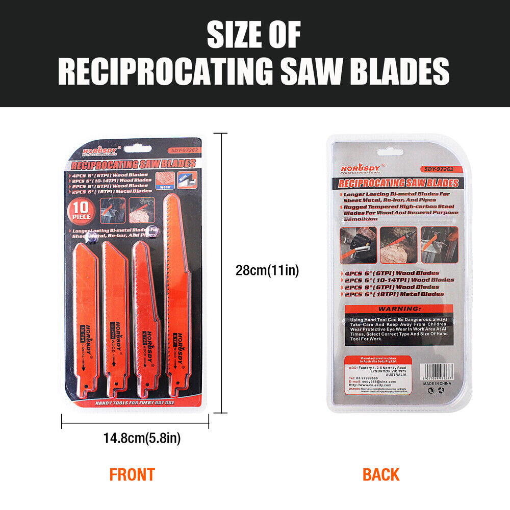 Reciprocating Saw Blades Set | 10-Piece | Wood & Metal Timber Demolition Cutting Tool