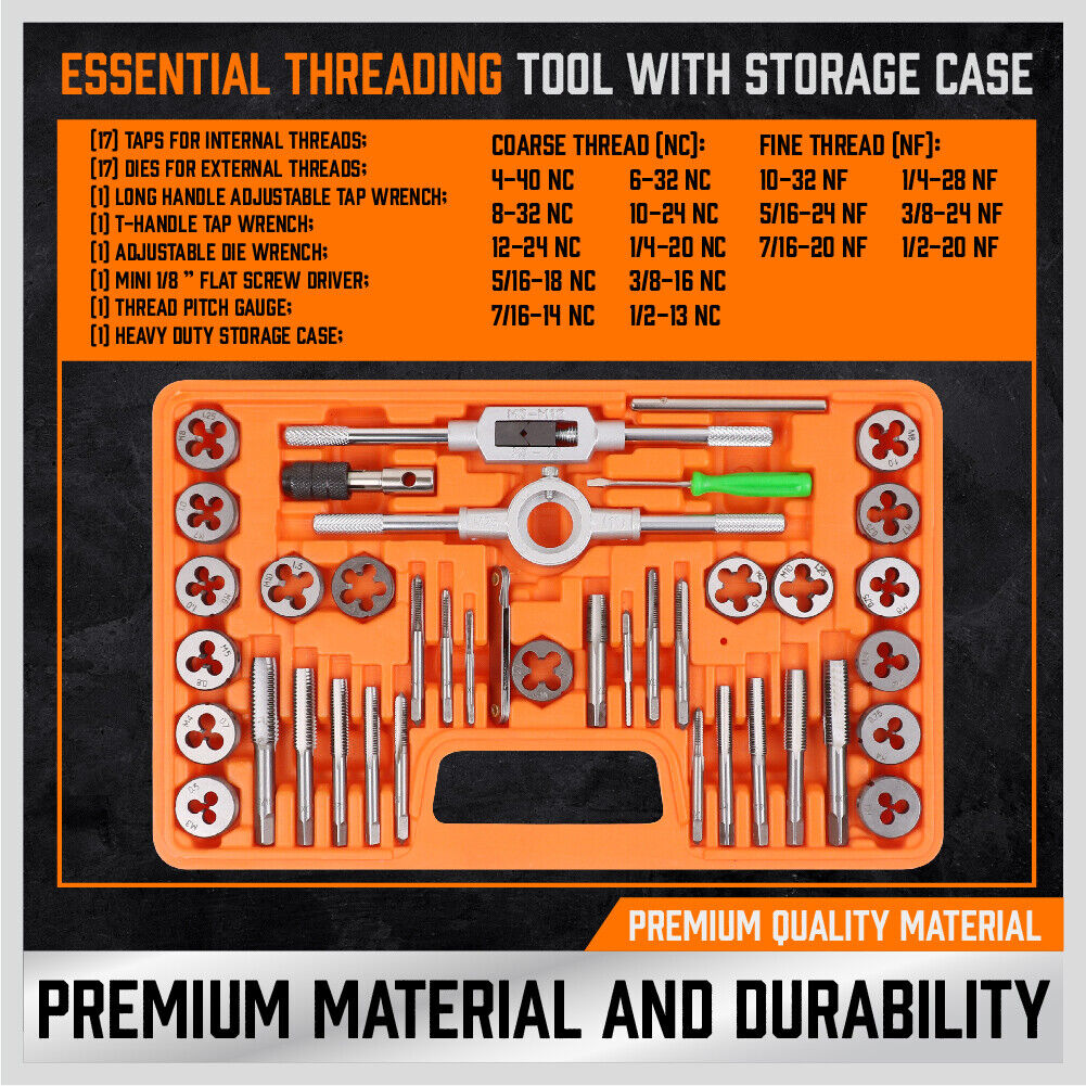 Tap and Die Set | 40-Piece | Imperial SAE Screw Thread Drill with Pitch Gauge