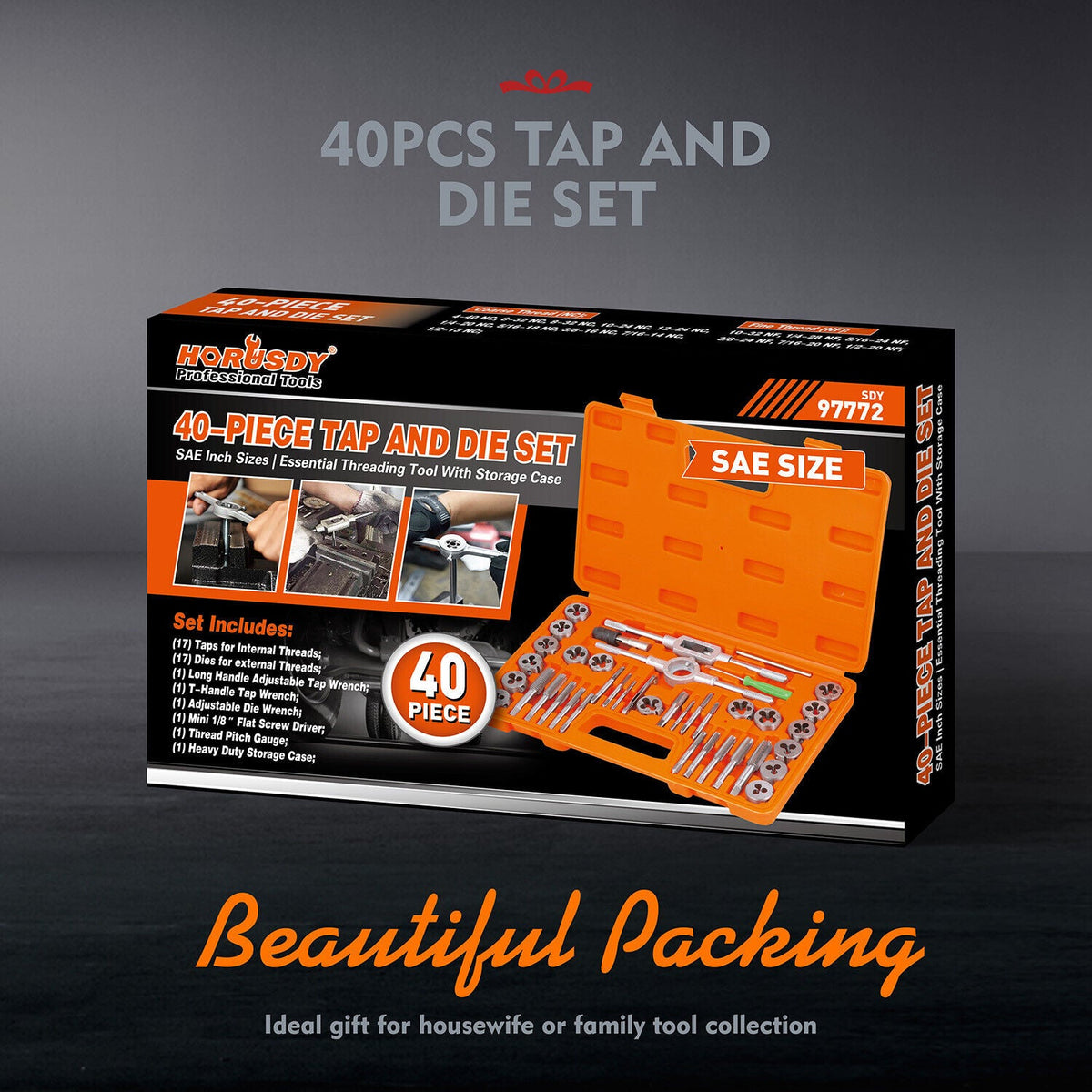 Tap and Die Set | 40-Piece | Imperial SAE Screw Thread Drill with Pitch Gauge
