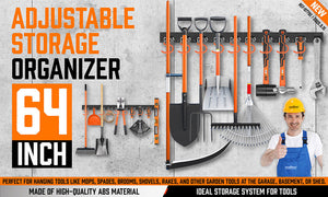 Wall Mount Tool Hanger | 64" Garden Storage Rack | Mop & Broom Holder with Hooks & Pegs