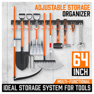 Wall Mount Tool Hanger | 64" Garden Storage Rack | Mop & Broom Holder with Hooks & Pegs