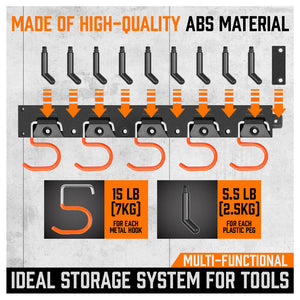 Wall Mount Tool Hanger | 64" Garden Storage Rack | Mop & Broom Holder with Hooks & Pegs