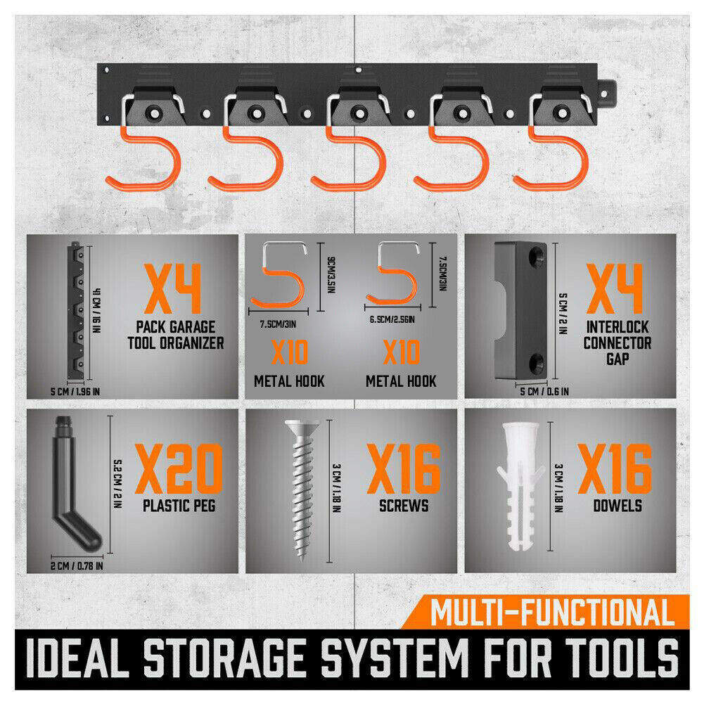 Wall Mount Tool Hanger | 64" Garden Storage Rack | Mop & Broom Holder with Hooks & Pegs