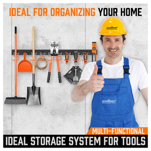 Wall Mount Tool Hanger | 64" Garden Storage Rack | Mop & Broom Holder with Hooks & Pegs