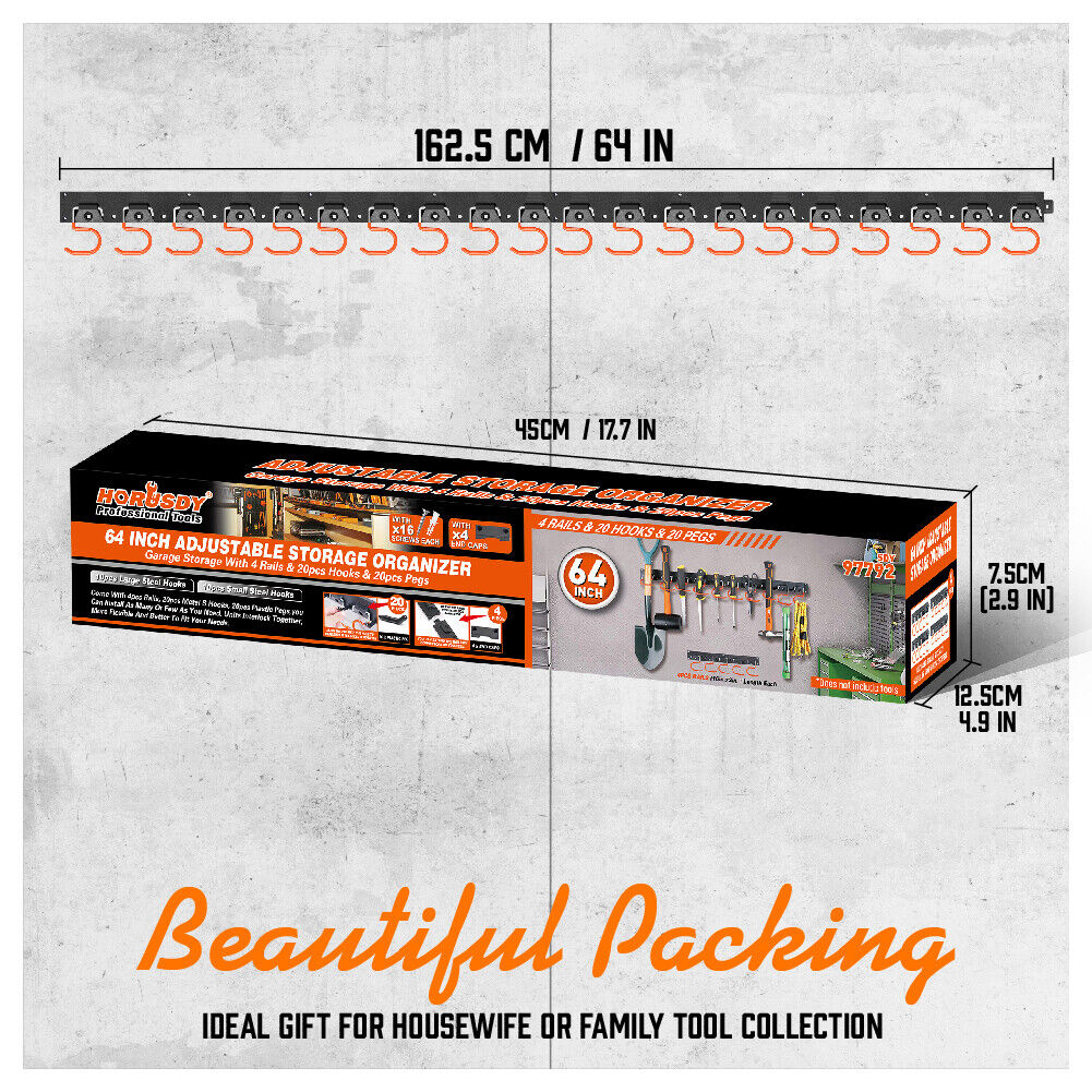 Wall Mount Tool Hanger | 64" Garden Storage Rack | Mop & Broom Holder with Hooks & Pegs