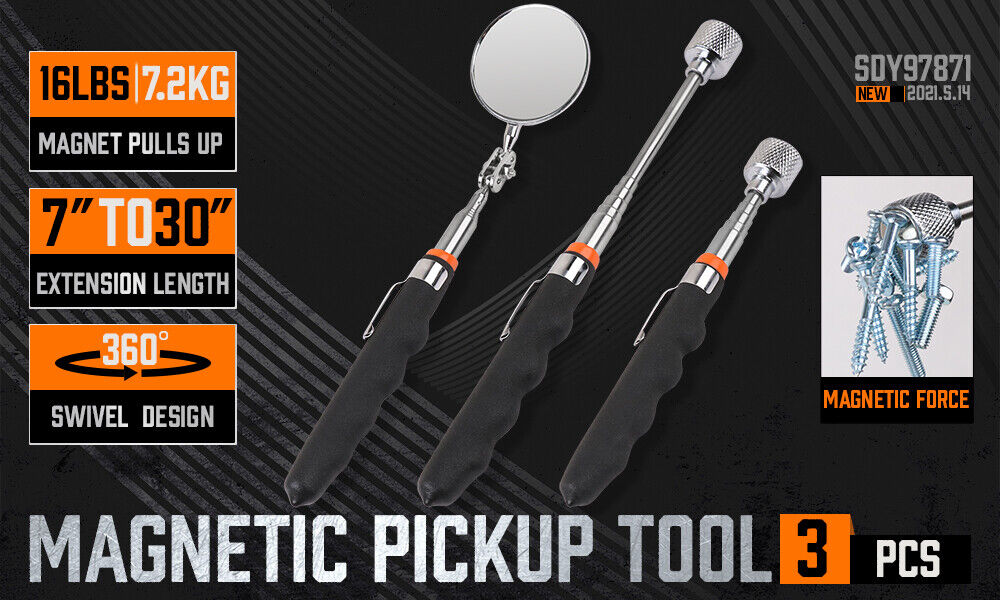 Magnetic Pick-Up Tool Set | 3-Piece | Swivel Inspection Mirror | Telescoping Rod | Heavy Duty