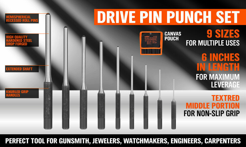 Roll Pin Punch Set | 9-Piece | Bolt Catch Gun Building & Repair Tool | Canvas Pouch Included