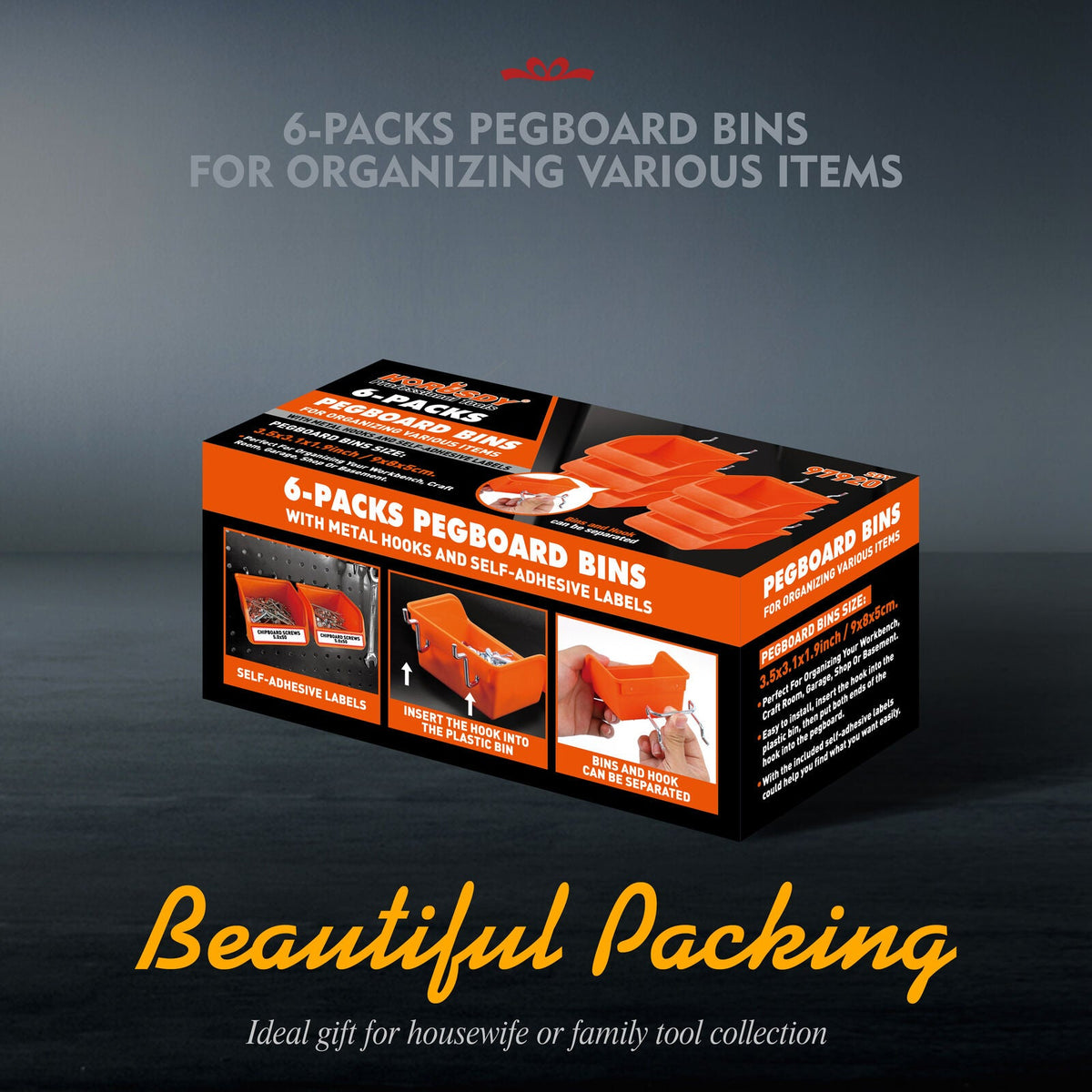 6-Piece Pegboard Bins with Steel Hooks | Peg Board Parts Storage Tray Organizer