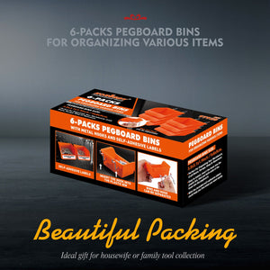 6-Piece Pegboard Bins with Steel Hooks | Peg Board Parts Storage Tray Organizer