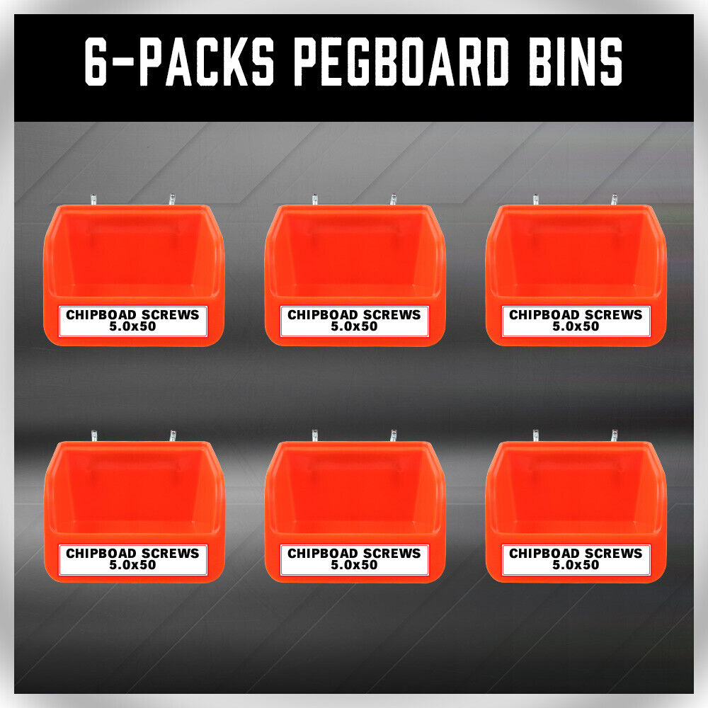 6-Piece Pegboard Bins with Steel Hooks | Peg Board Parts Storage Tray Organizer