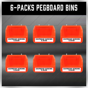 6-Piece Pegboard Bins with Steel Hooks | Peg Board Parts Storage Tray Organizer
