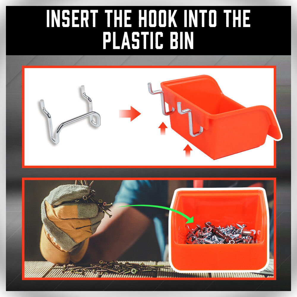 6-Piece Pegboard Bins with Steel Hooks | Peg Board Parts Storage Tray Organizer