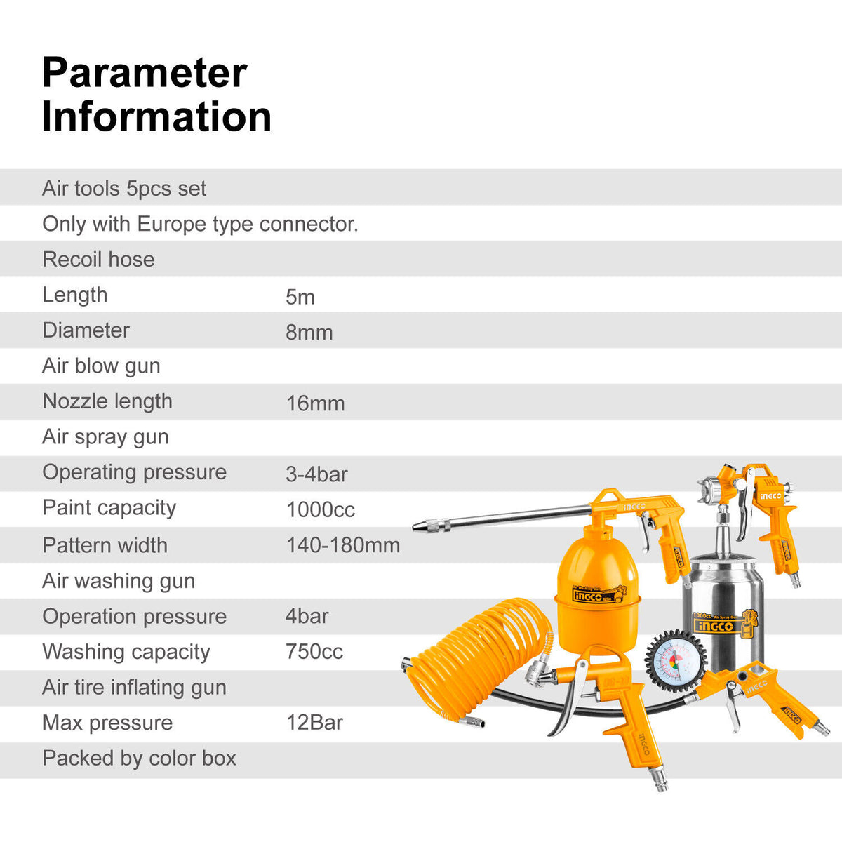 Ingco | 5Pc Compressor Air Tool Set | Paint Sprayer, Air Blower, Tyre Inflating & 5M Hose