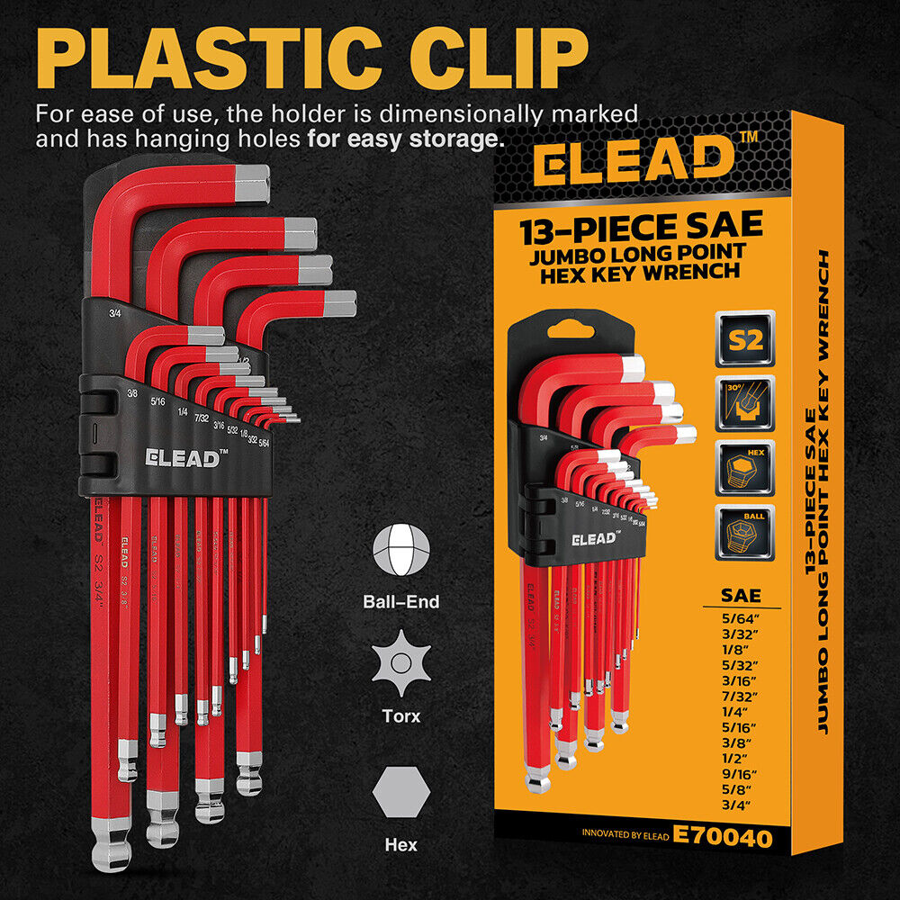 ELEAD 13pc Extra Large Hex Key Set | Long Allen Key Wrench | Ball End SAE 5/64"-3/4