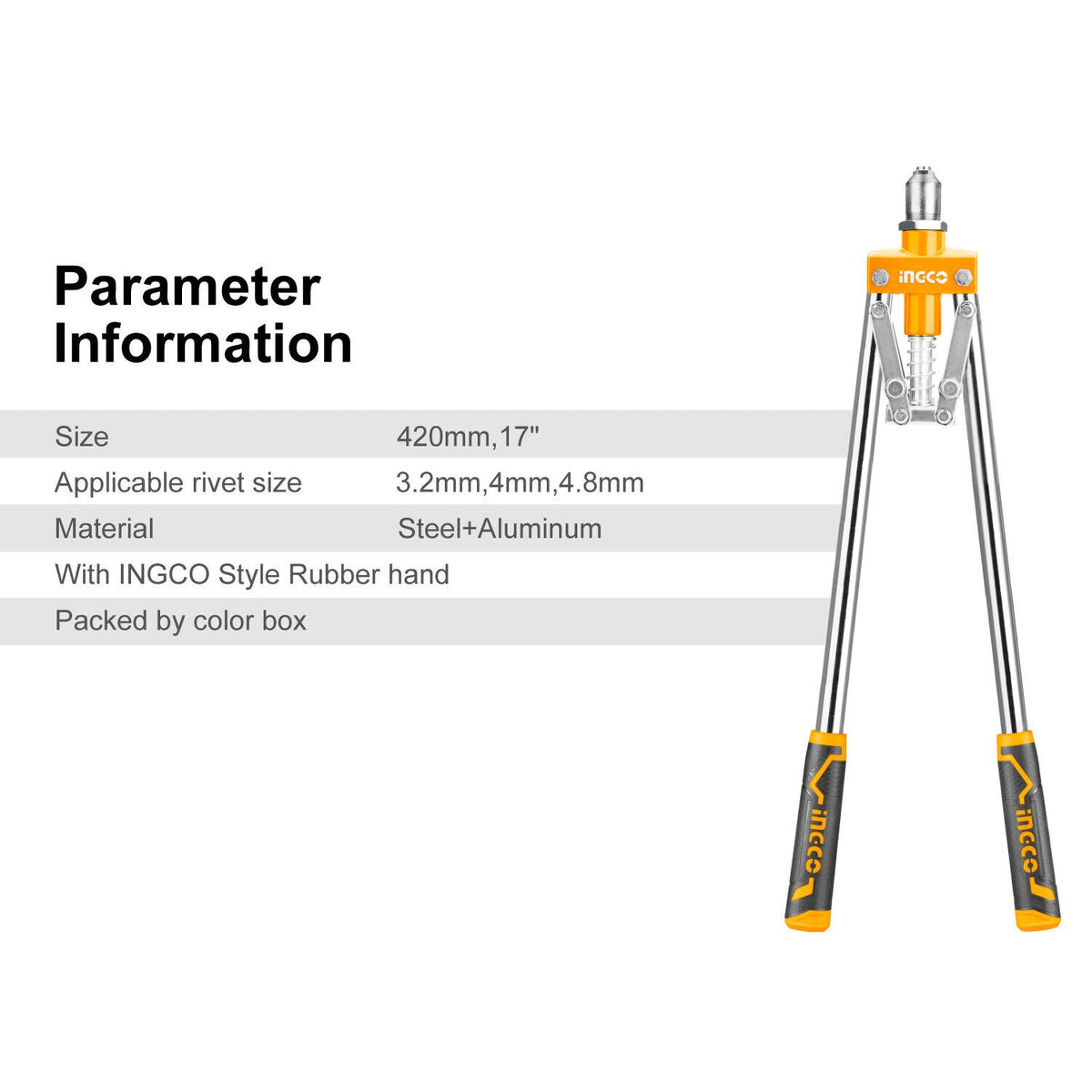 INGCO Hand Riveter | 17" Long Arm Pop Riveter | Heavy Duty for 3.2mm, 4mm & 4.8mm Rivets